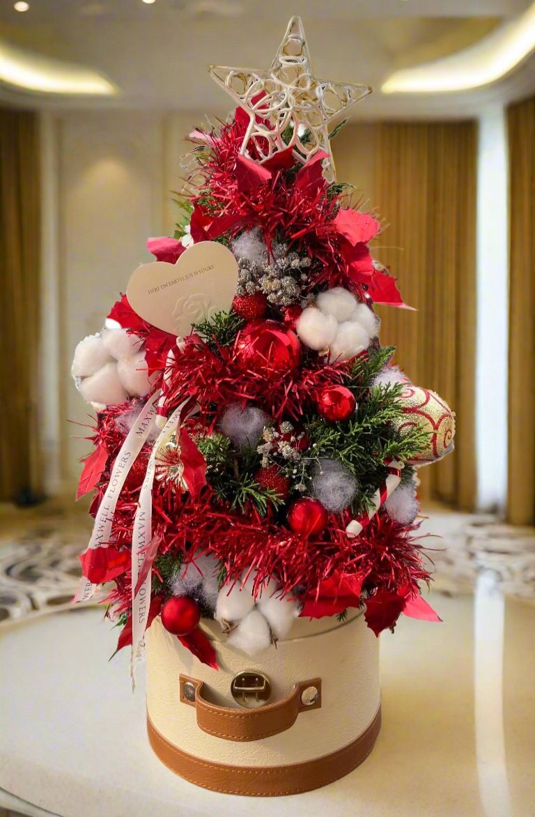 Red and Gold Real Christmas Tree in Leather Box