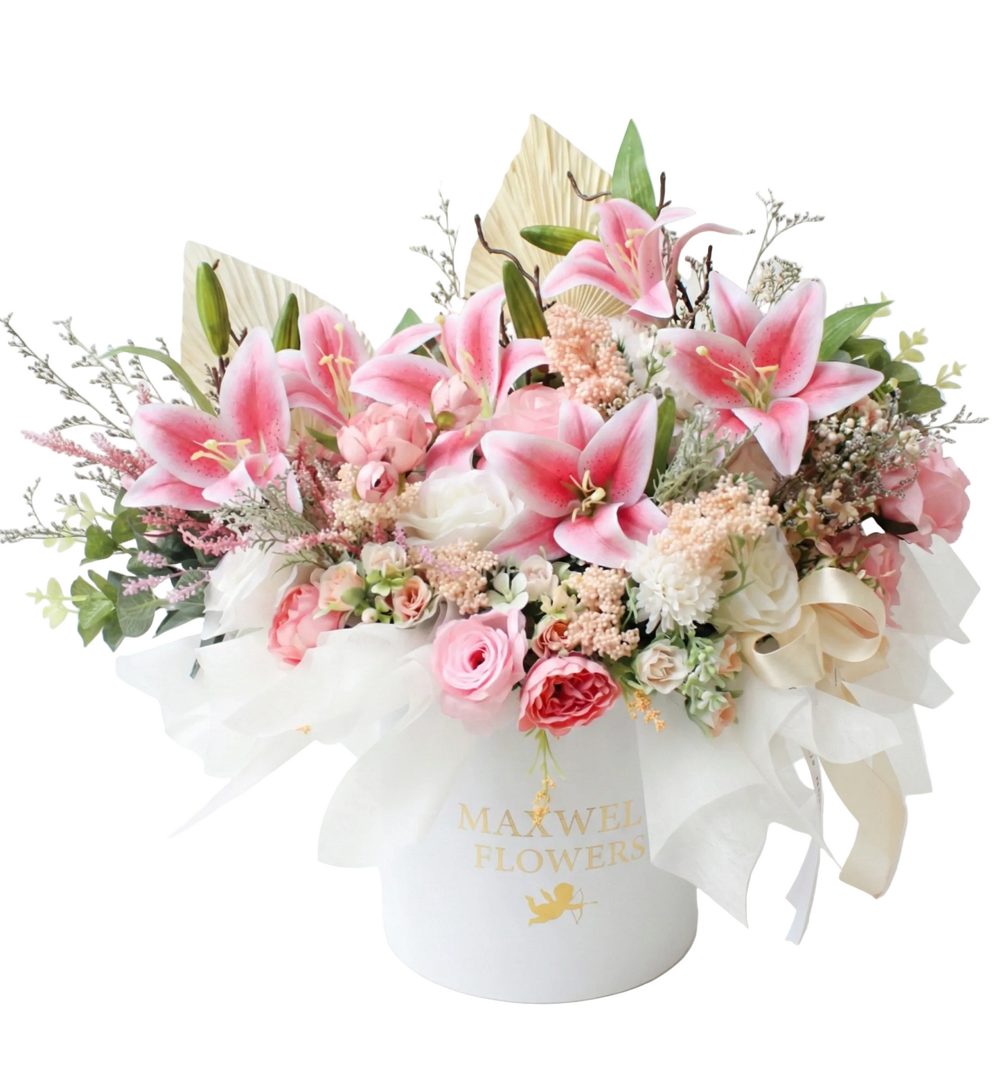 Floral arrangement in a white box with 'Maxwell Flowers' branding on a white background