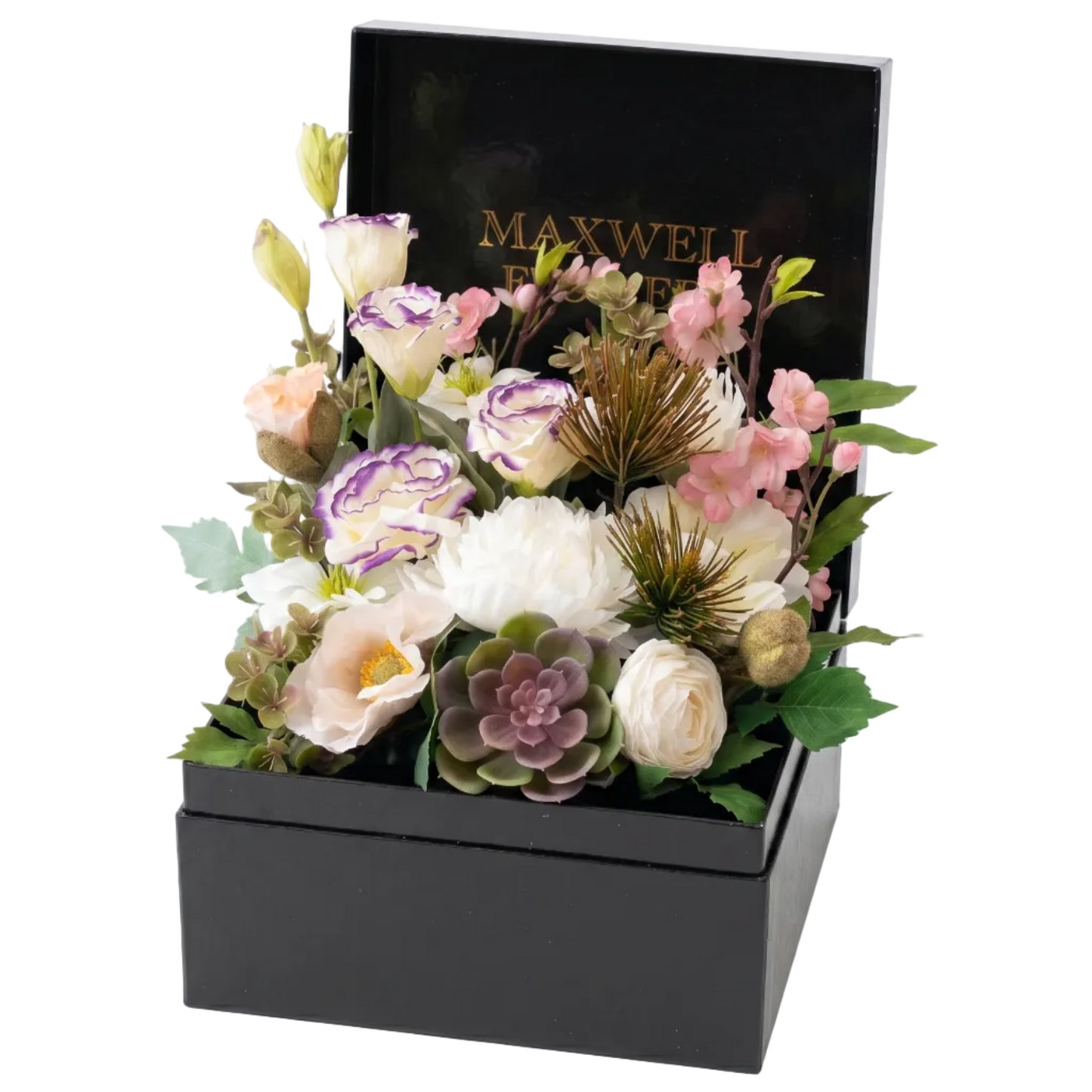 Floral arrangement in a black box with 'Maxwell & Williams' branding on a white background