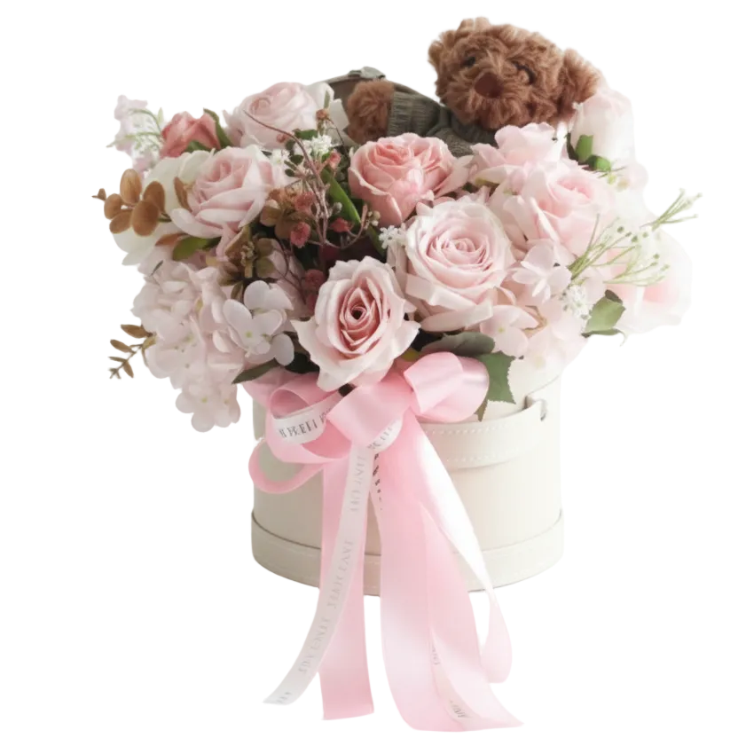 Bouquet of flowers with a teddy bear and pink ribbon on a white background