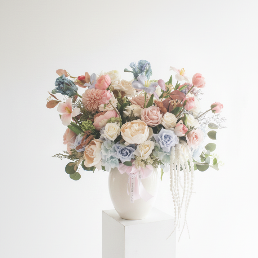 Bouquet of flowers in a white vase on a white surface with a white background