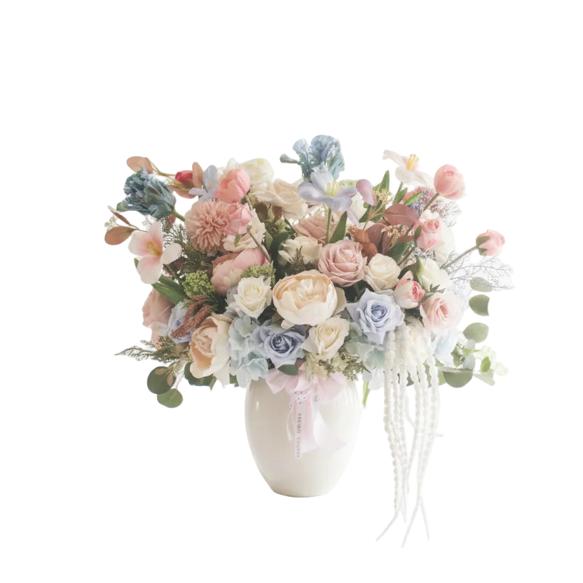 Bouquet of flowers in a white vase on a white surface with a white background