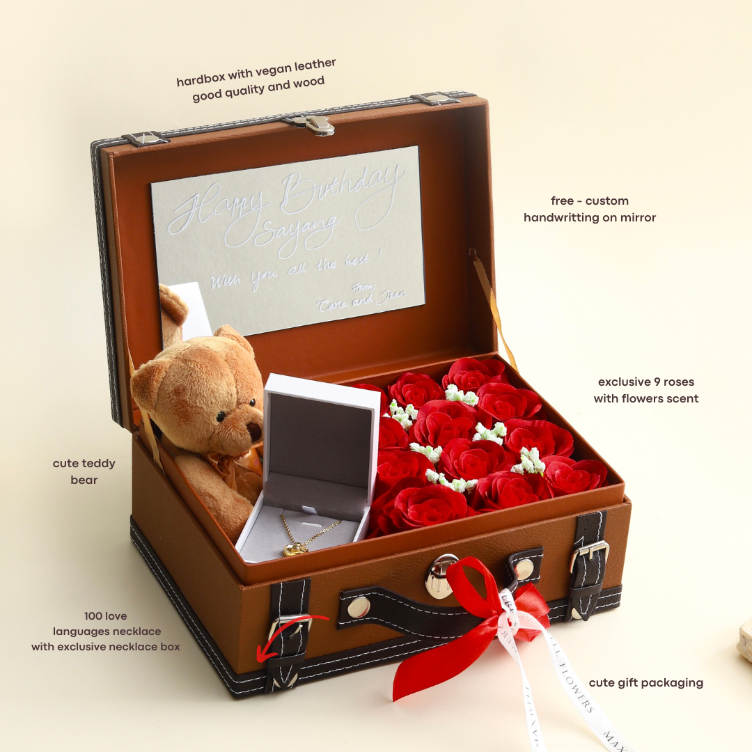TREASURE BOX 12 ROSES + 100 LOVE LANGUAGES NECKLACE