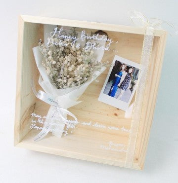 3D FRAME BOUQUET WOOD BOX -  DRIED BABY BREATH- JATI BELANDA