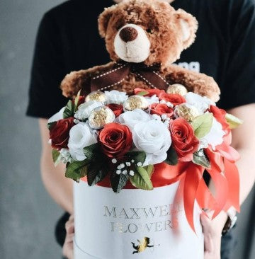 Trio Chocolate Teddy and Roses Round Box