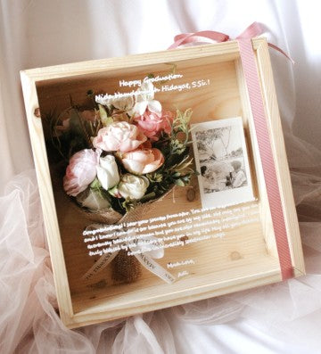 3D FRAME BOUQUET WOOD BOX - ARTIFICIAL PINK BOUQUET - JATI BELANDA