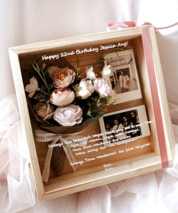 3D FRAME BOUQUET WOOD BOX - ARTIFICIAL PINK BOUQUET - JATI BELANDA