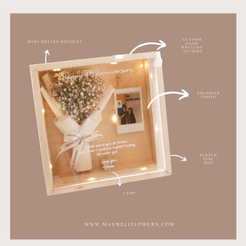 3D FRAME BOUQUET WOOD BOX -  DRIED BABY BREATH- JATI BELANDA