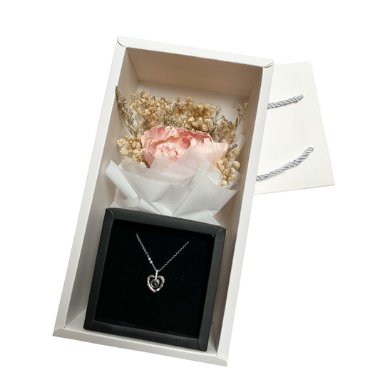 Dried flowers bouquet with 100 love languages necklace