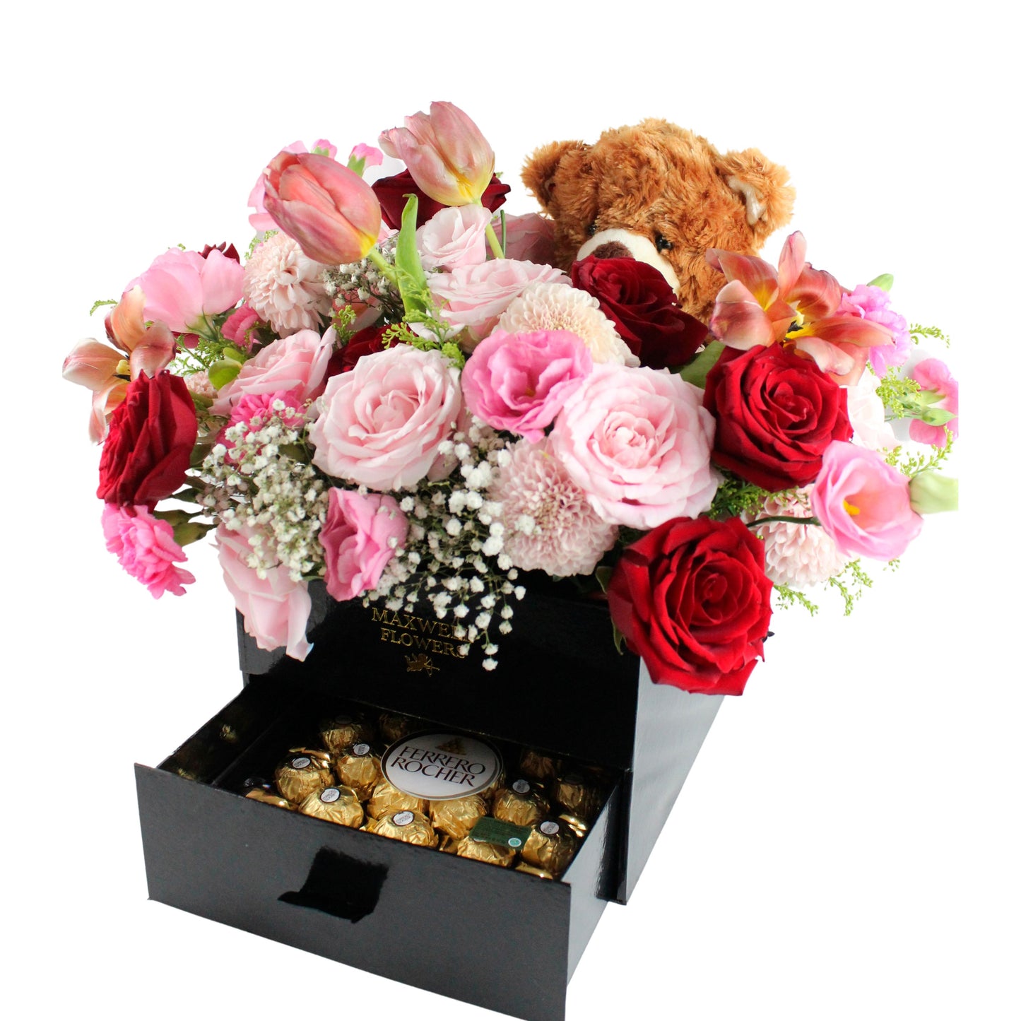 Bloombox with tulip and teddy bear ferrero rocher