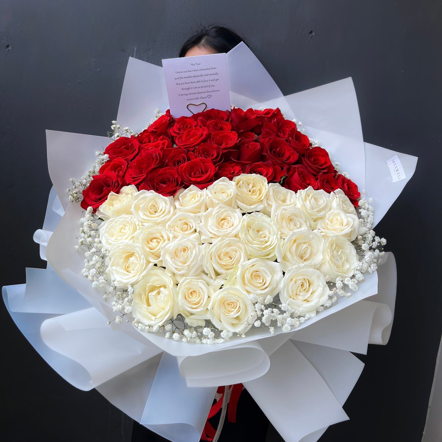 Red and White 100 Roses Bouquet Fresh Flowers