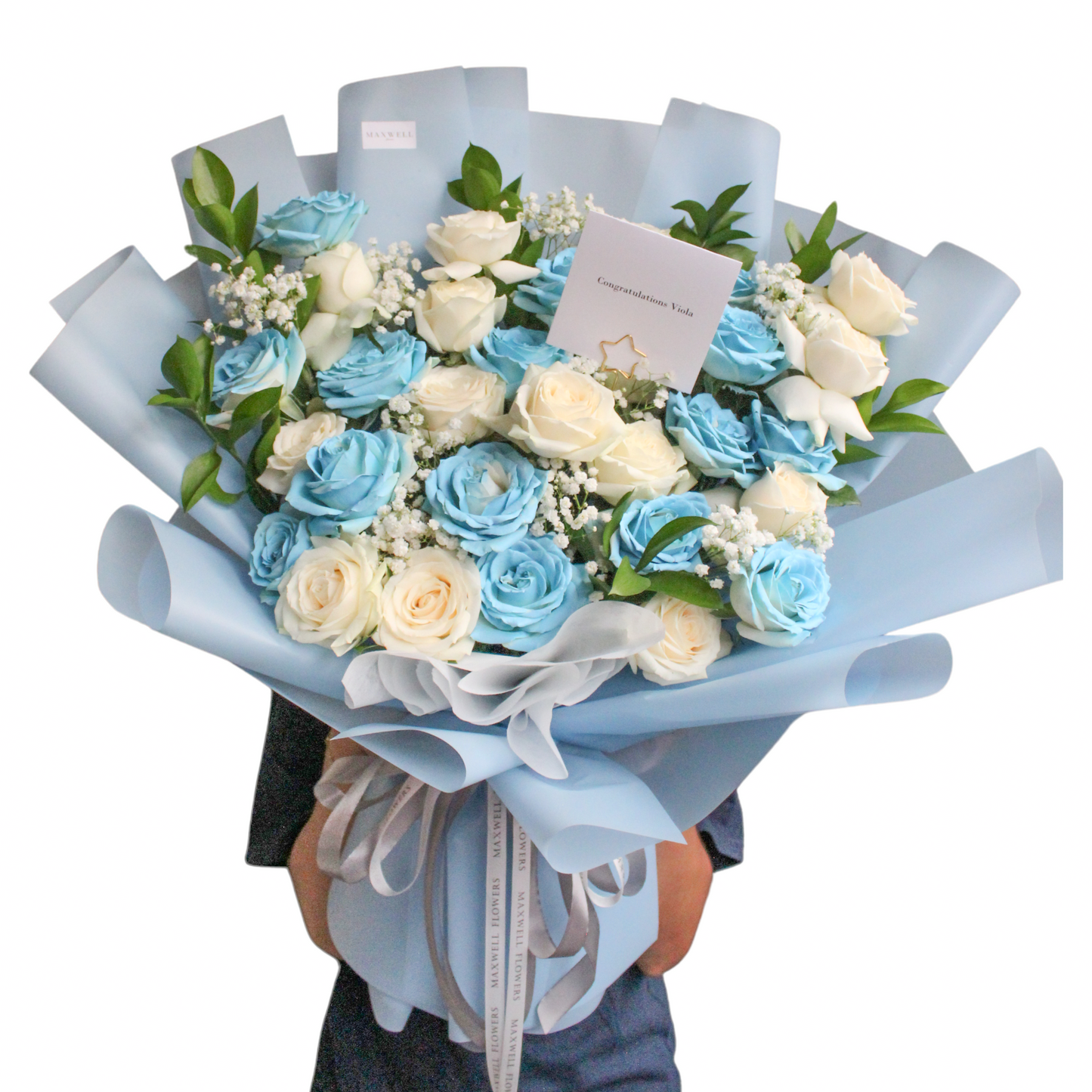 Baby blue fresh roses bouquet