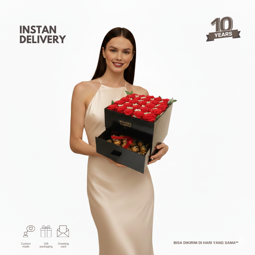 Bloombox - red roses with Ferrero rocher