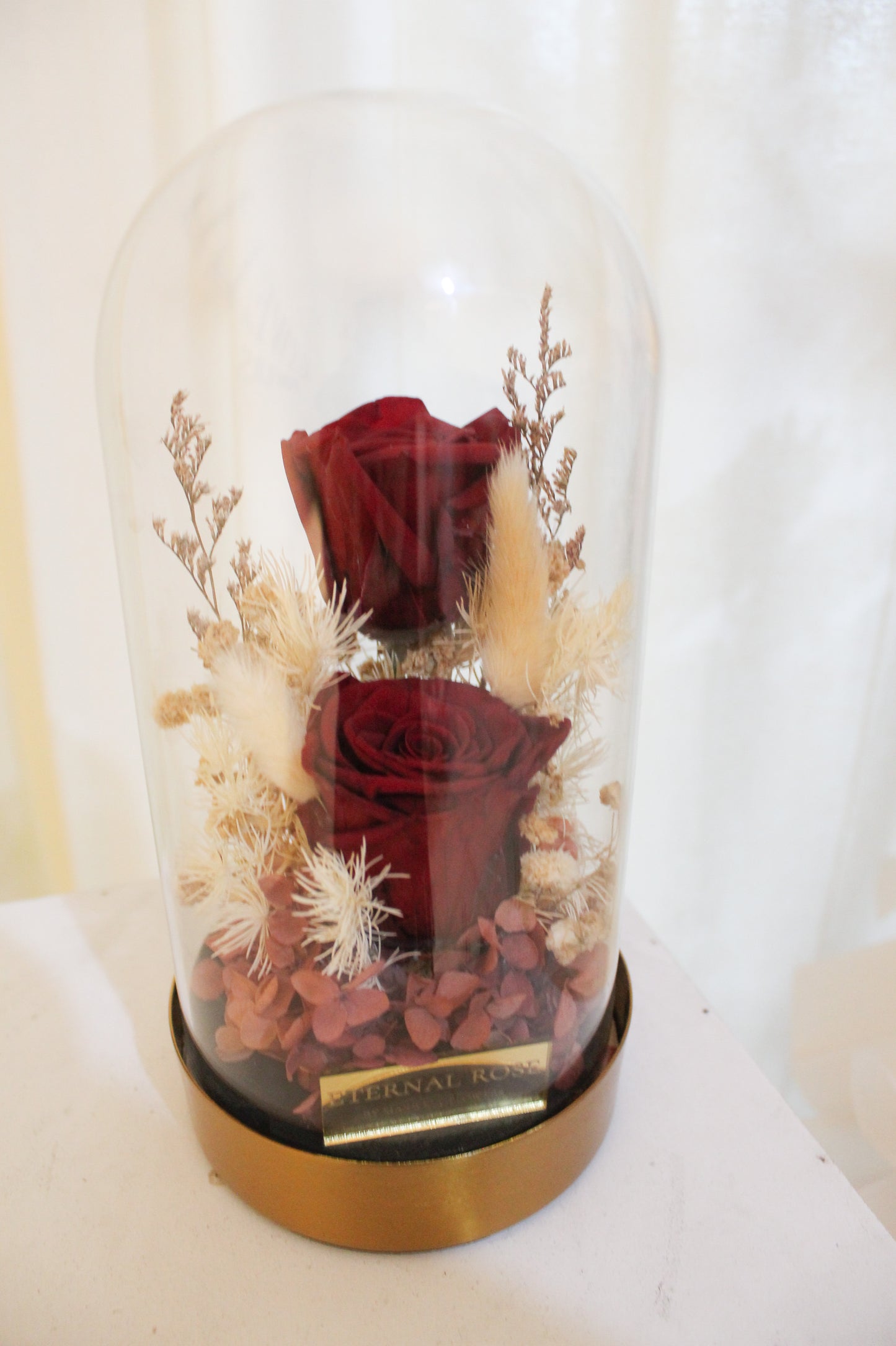 Duo Eternal Red Roses Dome with gold base