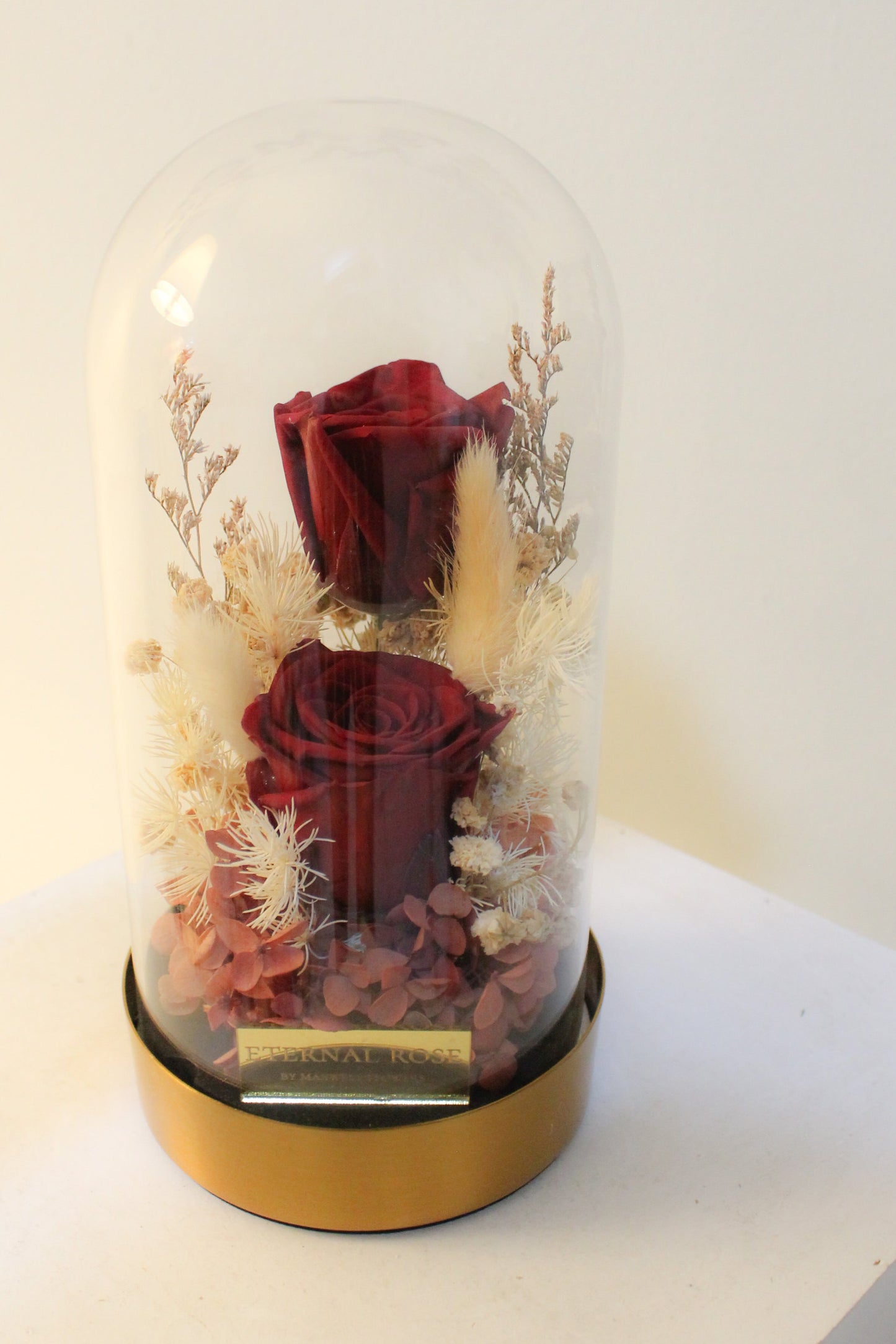 Duo Eternal Red Roses Dome with gold base