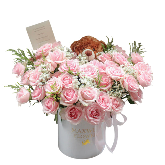 50 Pink Roses with Teddy bear - Fresh Flowers