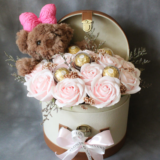 Bunnie - Rounded Box Soap Roses with Teddy Bear