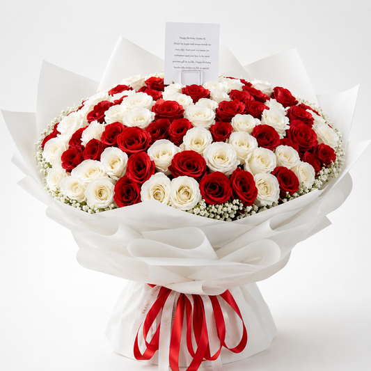 one hundred red white artificial flowers bouquet 100 roses