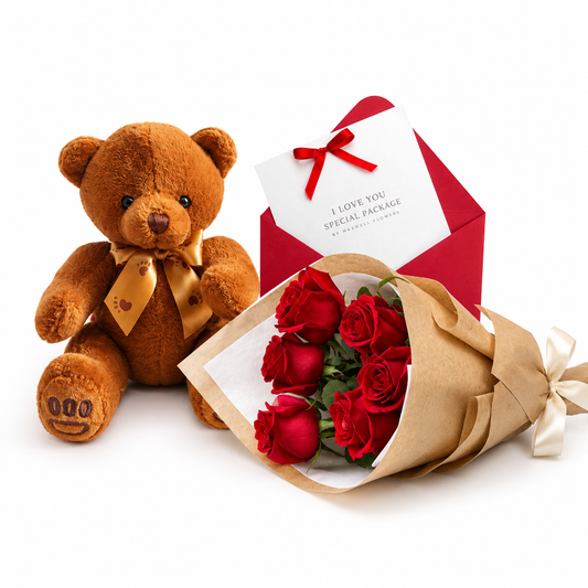 Bunga red roses (6 roses) with teddy bear