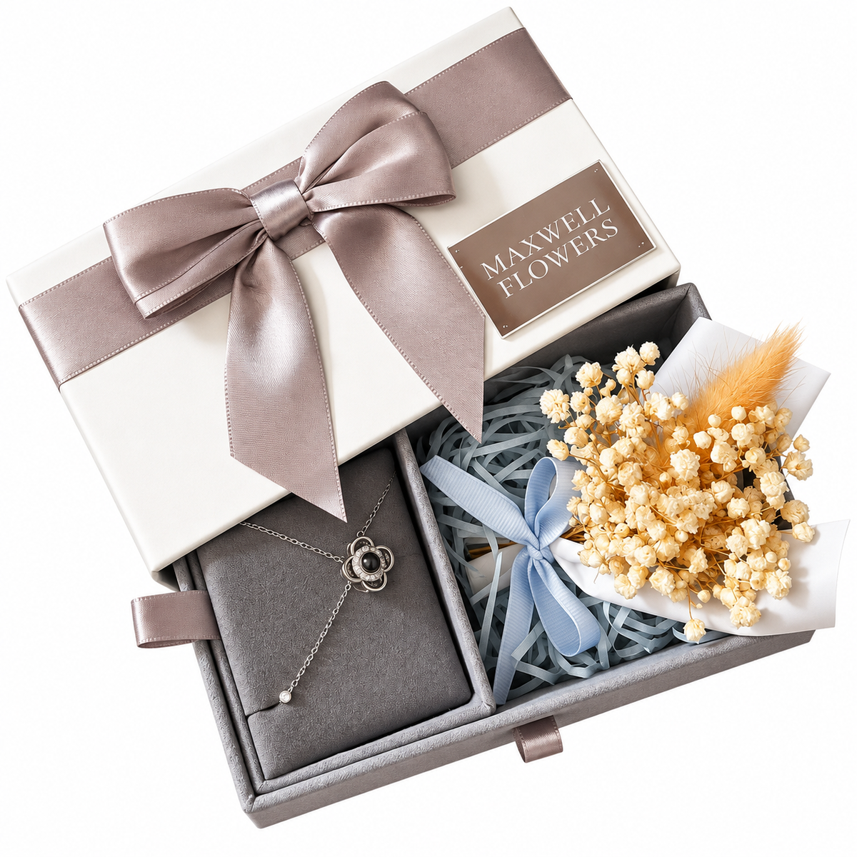 18k gold plated necklace with preserved baby breath bouquet