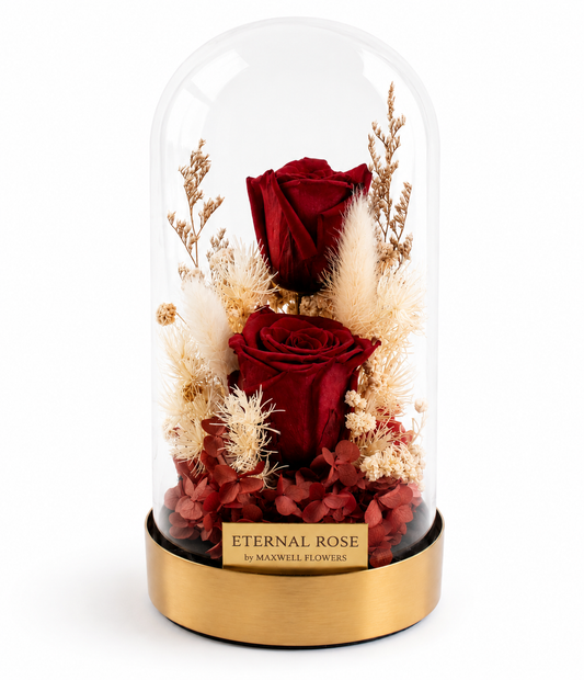 Duo Eternal Red Roses Dome with gold base