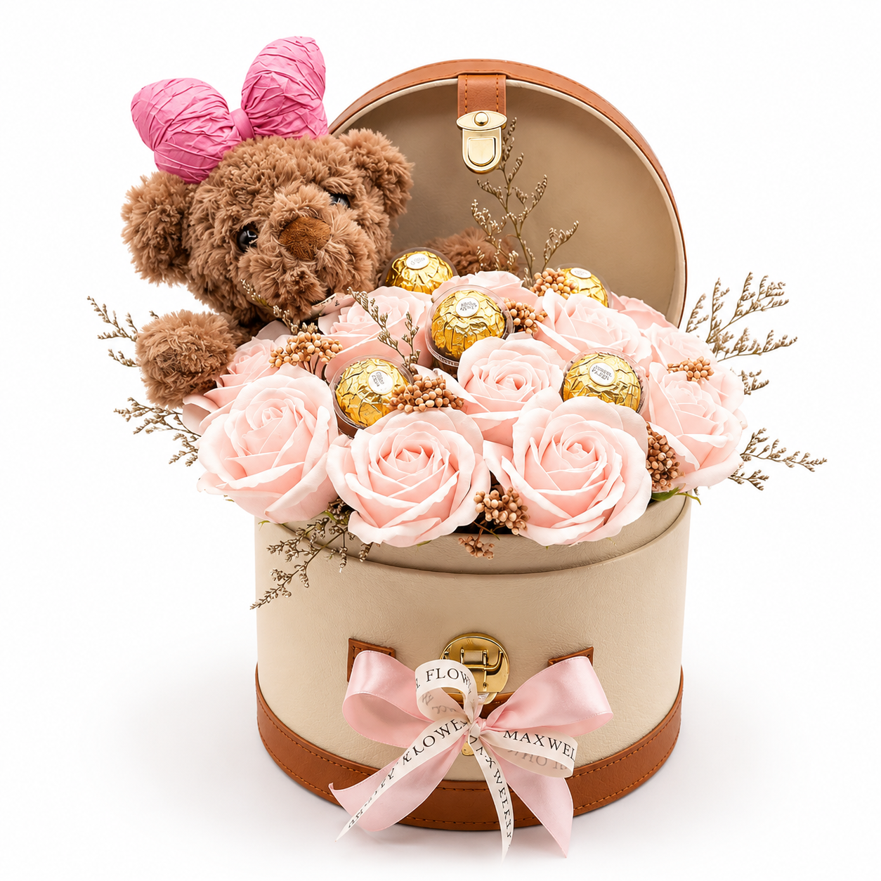 Bunnie - Rounded Box Soap Roses with Teddy Bear