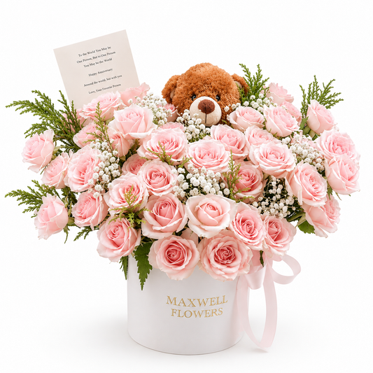 50 Pink Roses with Teddy bear - Fresh Flowers