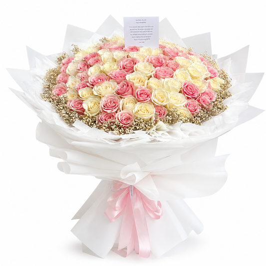 100 pink and white fresh roses bouquet