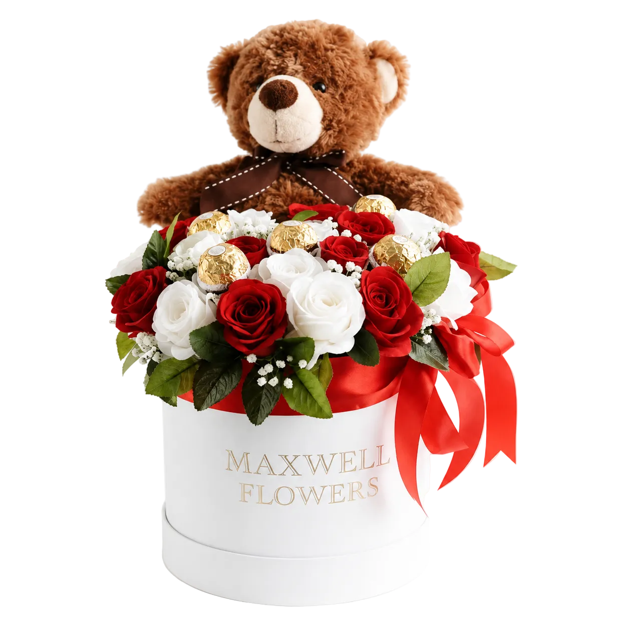 Trio Chocolate Teddy and Roses Round Box