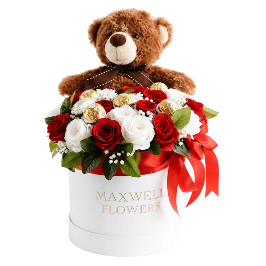 Trio Chocolate Teddy and Roses Round Box