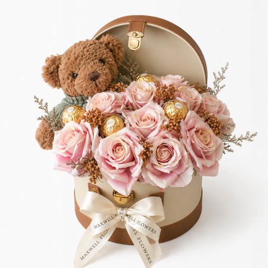 Cello - Rounded Box Artificial Roses with Teddy Bear