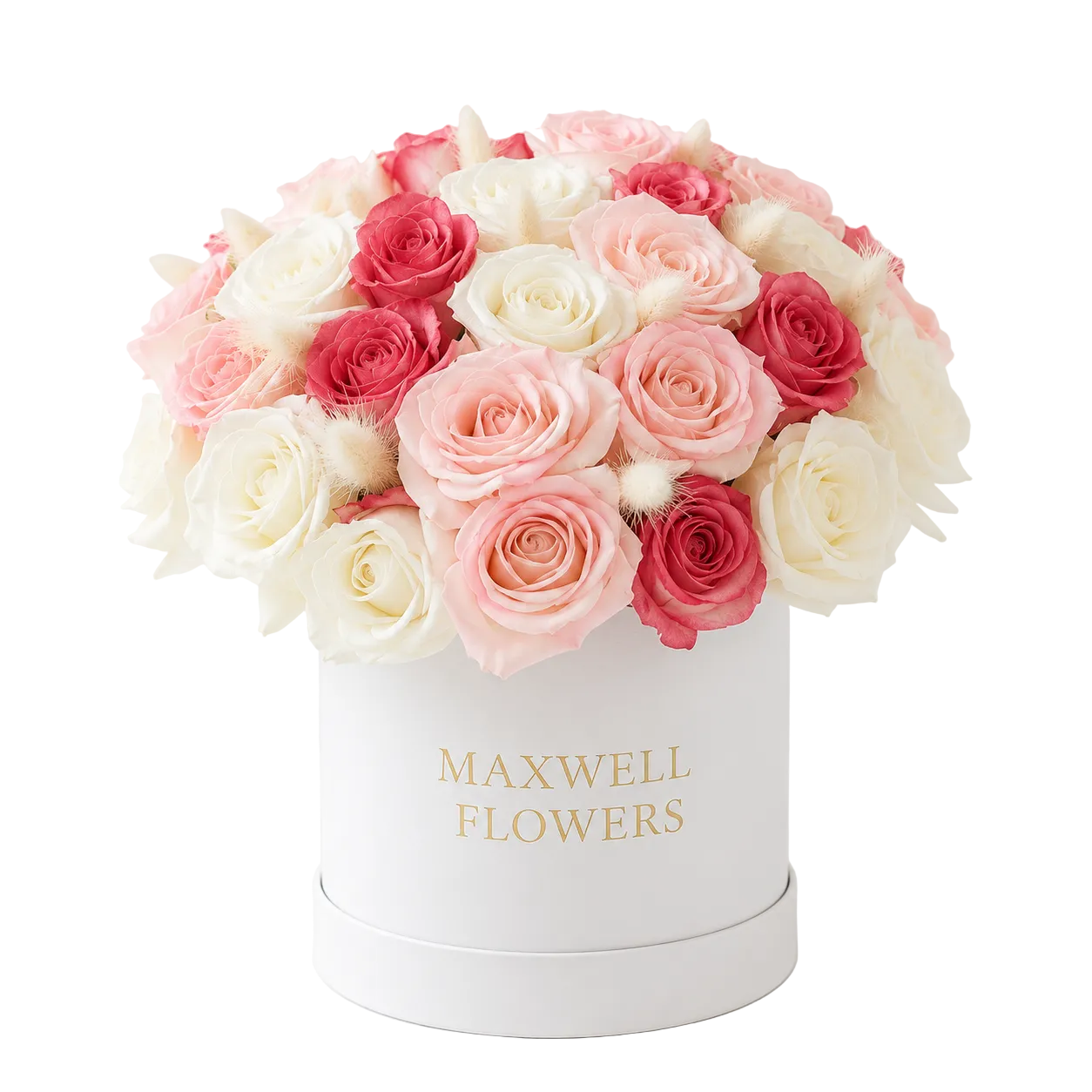A round white box filled with a dense bouquet of preserved roses in shades of blush pink, deep red, and creamy white, with the words 'MAXWELL FLOWERS' printed in gold on the front, set against a clean white background.
