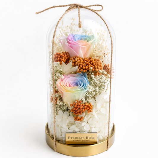Rainbow Eternal Rose dalam Glass Dome | Preserved Rose & Dried Flower Handmade