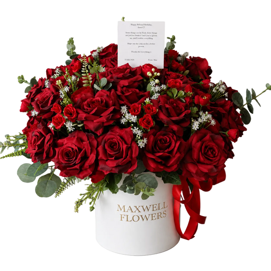 Red Artificial Jumbo Roses Round Box