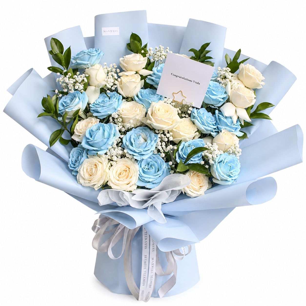 Baby blue fresh roses bouquet