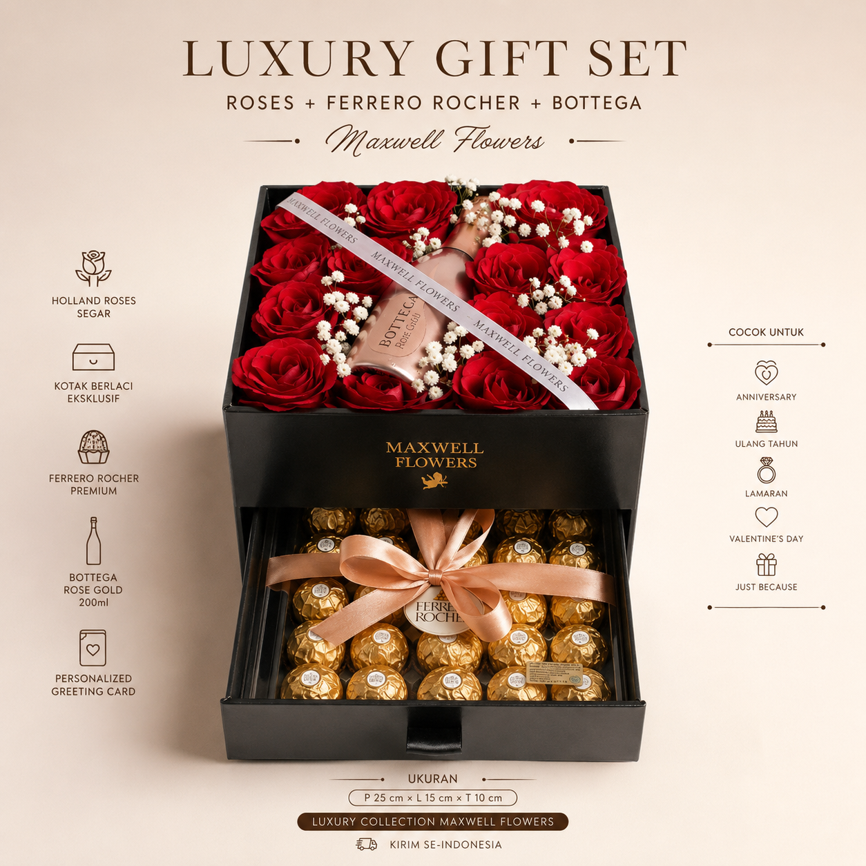 (Fresh Flowers) Luxury  Gift Set Bloom box with Wine and Ferrero Rocher