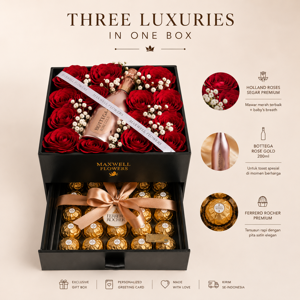 (Fresh Flowers) Luxury  Gift Set Bloom box with Wine and Ferrero Rocher