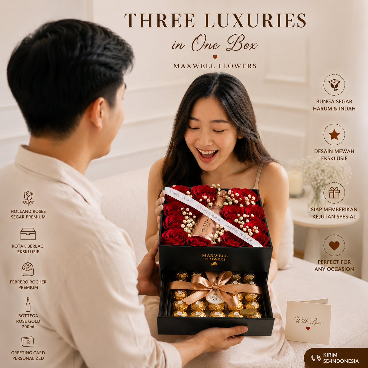 (Fresh Flowers) Luxury  Gift Set Bloom box with Wine and Ferrero Rocher
