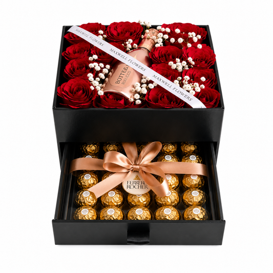 (Fresh Flowers) Luxury  Gift Set Bloom box with Wine and Ferrero Rocher