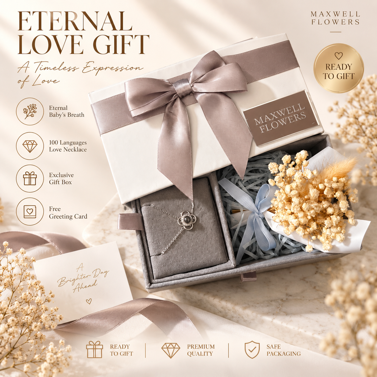 18k gold plated necklace with preserved baby breath bouquet