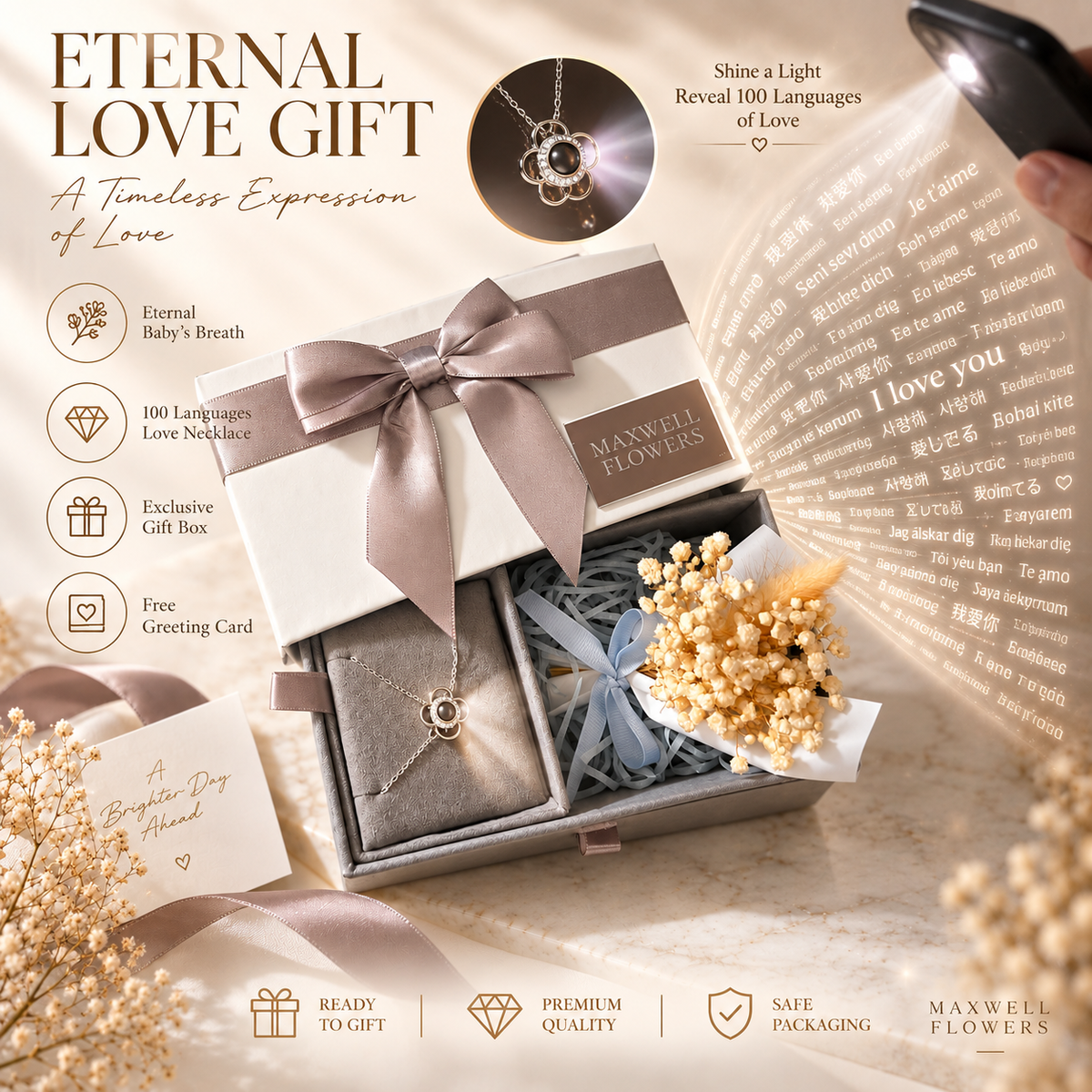 18k gold plated necklace with preserved baby breath bouquet
