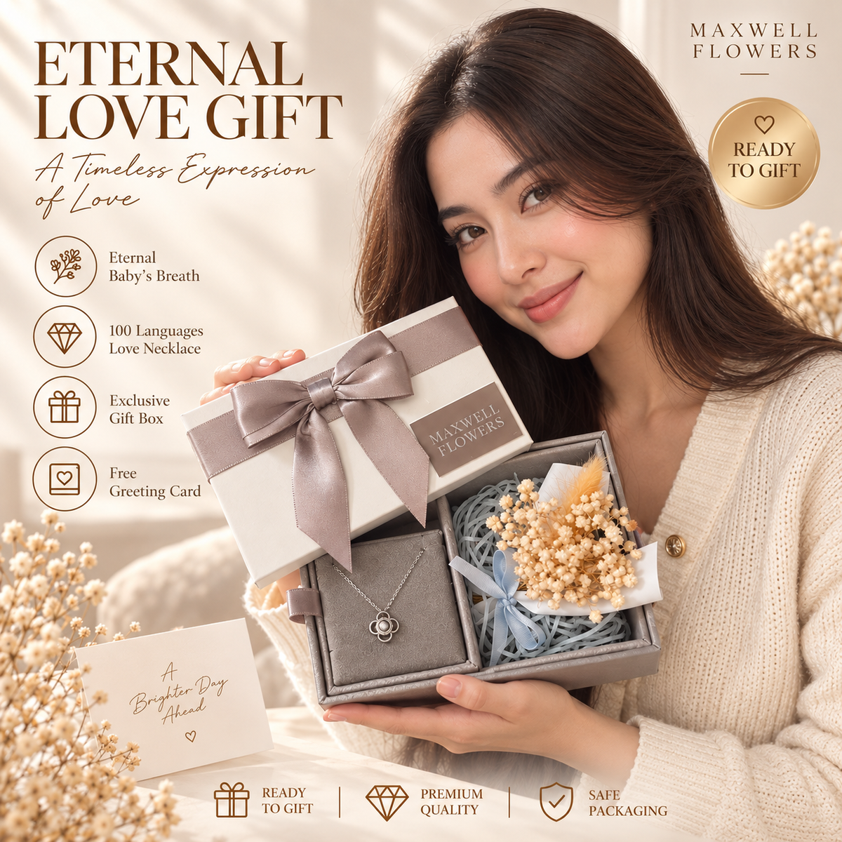 18k gold plated necklace with preserved baby breath bouquet