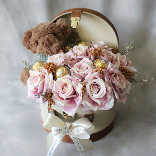 Cello - Rounded Box Artificial Roses with Teddy Bear