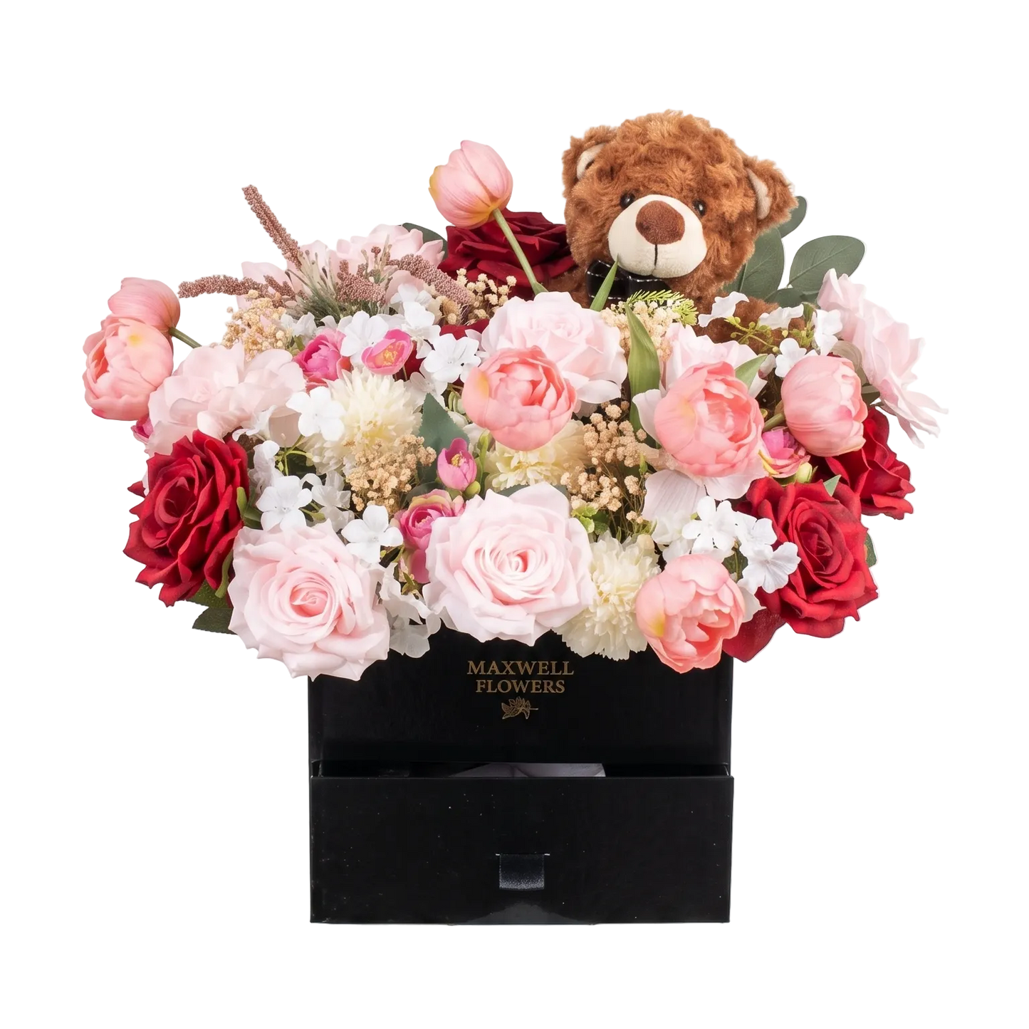 Bloombox with tulip and teddy bear ferrero rocher - Artificial flowers