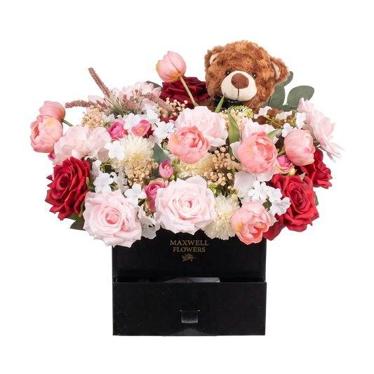 Bloombox with tulip and teddy bear ferrero rocher - Artificial flowers