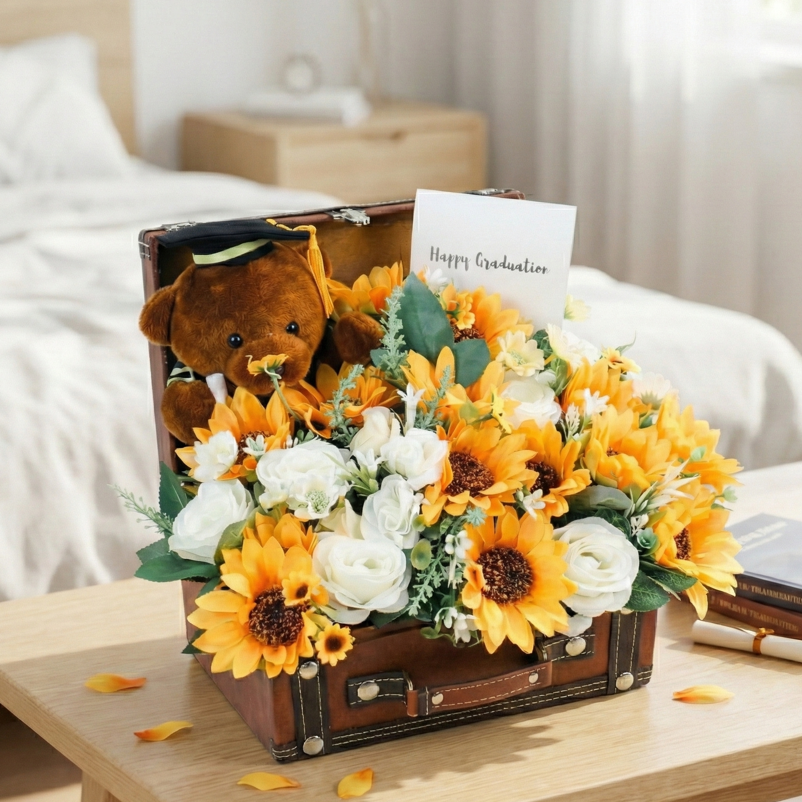 Graduation-themed arrangement with flowers, a teddy bear, and a diploma in a suitcase on a table.