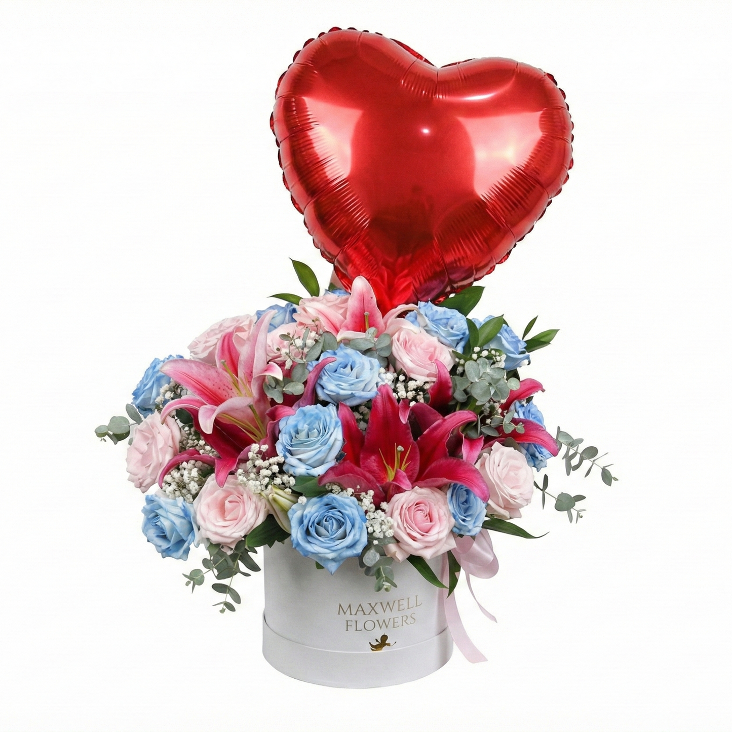 Floral arrangement with a heart-shaped balloon and a box labeled 'Mayflower' on a white background