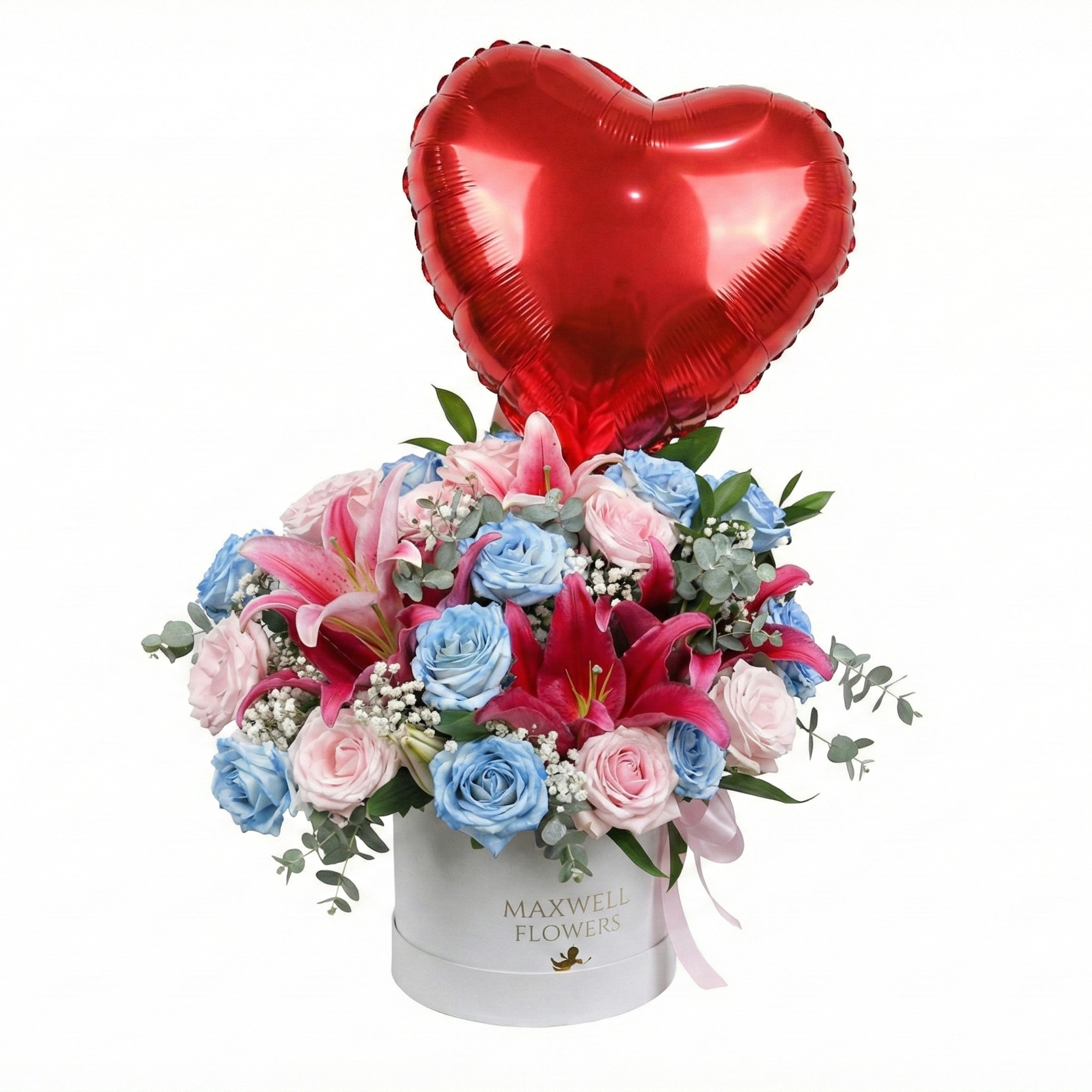 Floral arrangement with a heart-shaped balloon and a box labeled 'Mayflower' on a white background