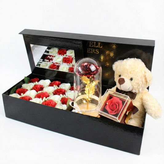 Exclusive Box Rose Dome + Rotating Soap Flowers