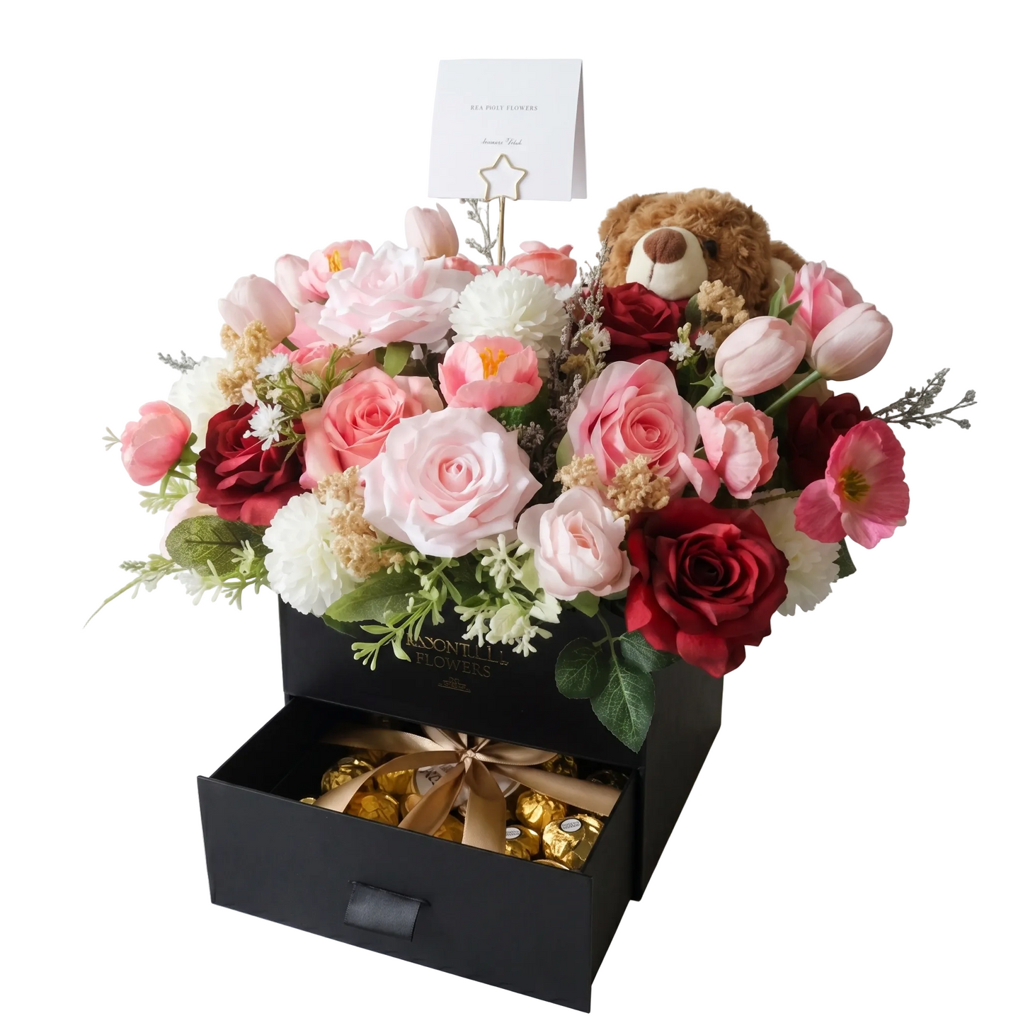 Bloombox with tulip and teddy bear ferrero rocher - Artificial flowers